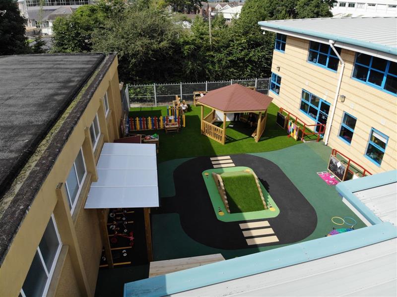 An overhead view of a sen playground design including colourful playground surfacing, a black roadway around trim trail equipment, a canopy and a gazebo