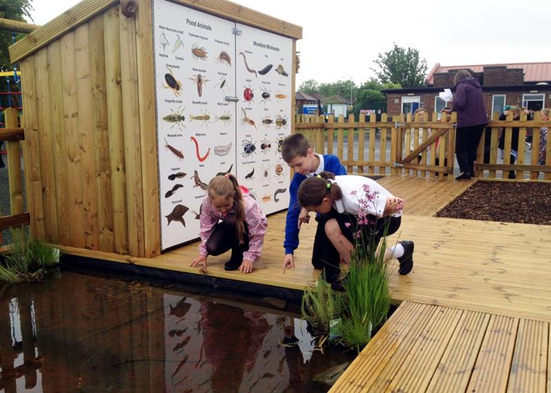 children kneel on the ground and look into the pond with their self-selecting store and nature identification chart on the front