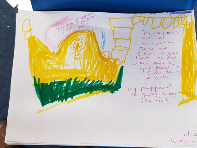 a yellow and green drawing on a piece of paper labelled in pink pen showing a play boat and monkey bars