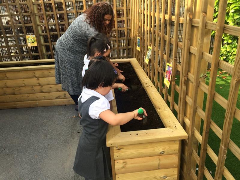 children dig in the planter witht he supervision of a teacher