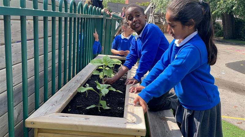 children in blue school uniform stand in front of the planter and look down at the soil as they plant some plants