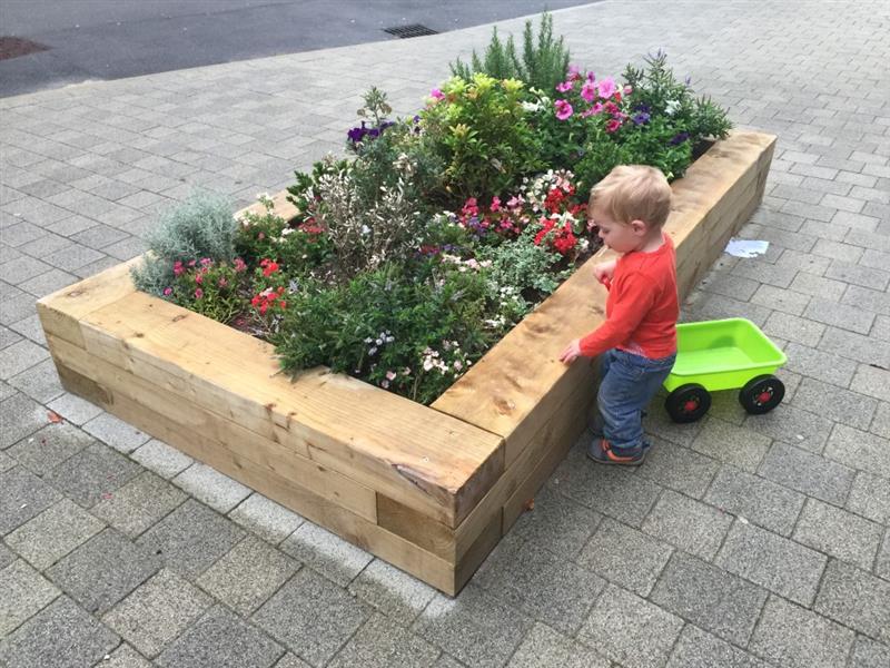 a little boy in a red top stands at the side of the planter and looks into the plants on the inside
