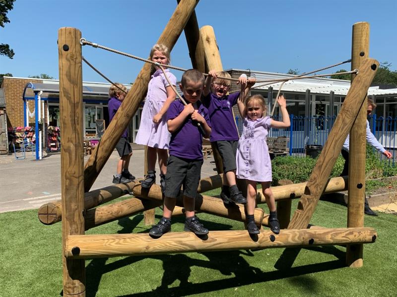 children pose whilst standing on the harter fell climbing frame wearing purple and white school uniforms 