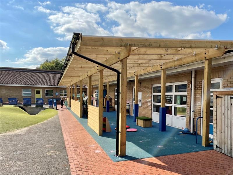 a side view of a canopy which is connected to the side of the school