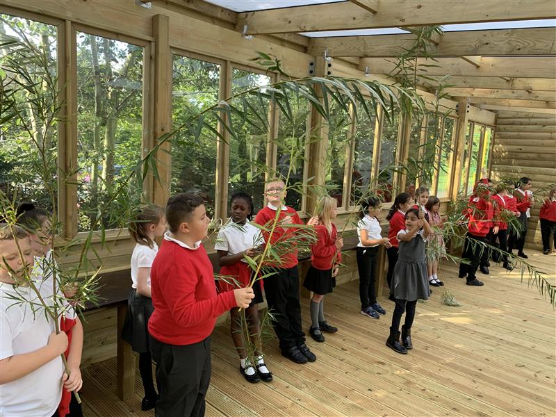 children holding plants in their outdoor classroom