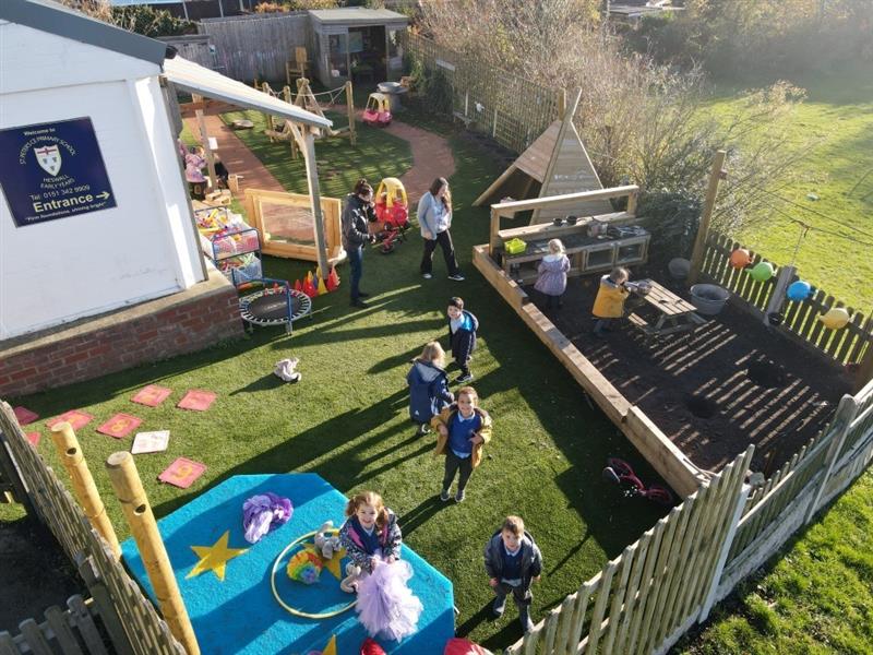 A birds eye view of children playing on their eyfs playground