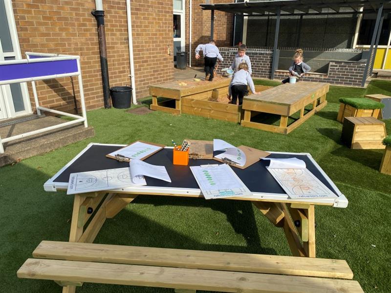 the picnic table with chalkboard top sits in the middle of the playground with resources on for children to come and play with