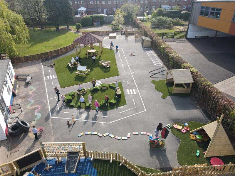 a birdseye view of the playground where the children are playing in the eyfs zones