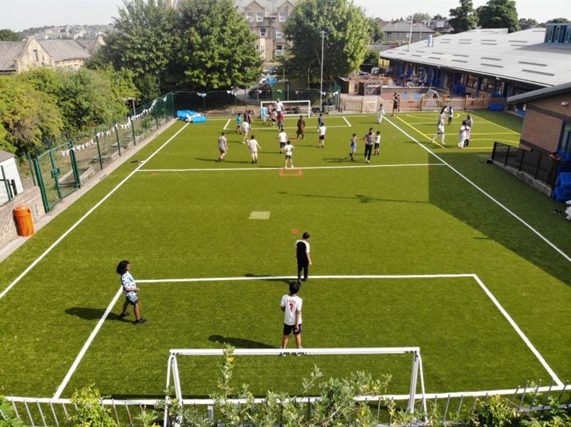a birdseye view of the MUGA from above the goal end