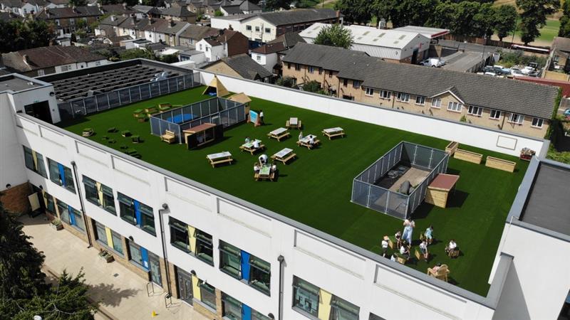 A birds eye view of the playground on top of the primary school 