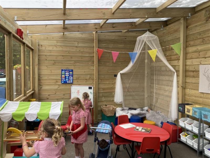 An image of the inside of a timber canopy used to extend the indoor early years provision