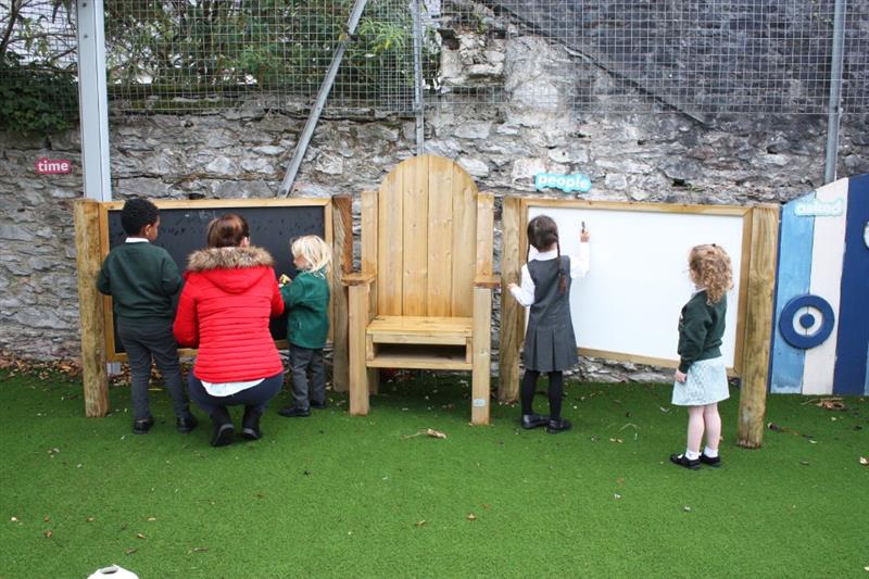Children mark making on outdoor activity play panels