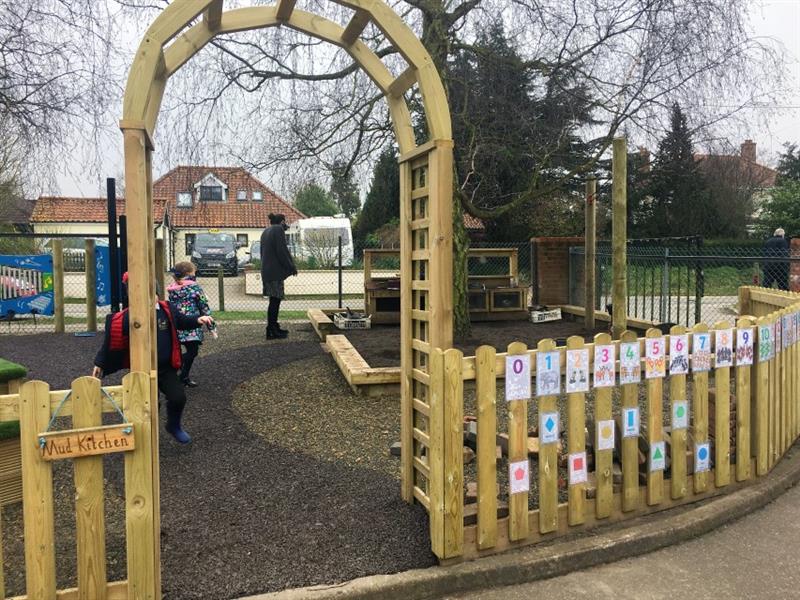 2 children and 1 teacher inside the new outdoor area which has been separated from the playground with a timber fence with laminated number posters stuck onto it. The mud area is on the right of the space and the music area is on the left. 
