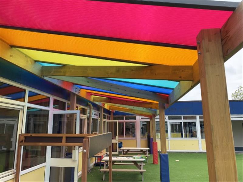 A coloured roof timber canopy installed against the school building