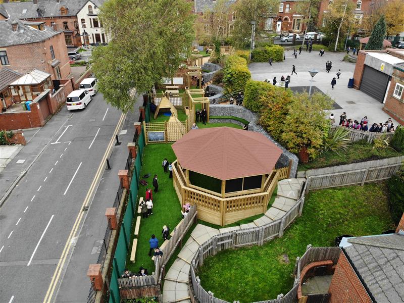 a birdseye view of the playground with a gazebo and a wigwam