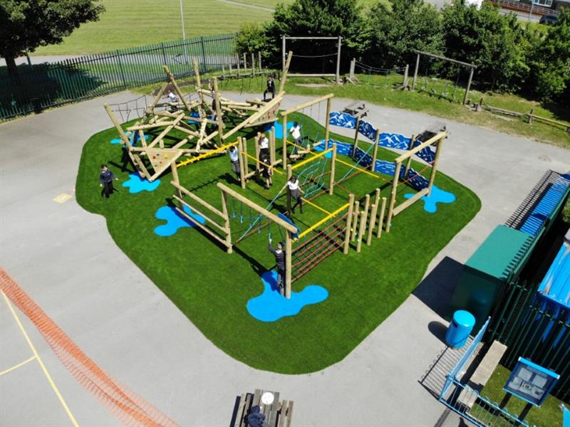 a birdseye view of the puzzlewood forest circuit on artificial grass in a school playground