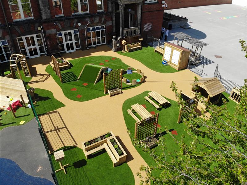 An aerial shot of a playground design that promotes quiet reflection, growing and planting