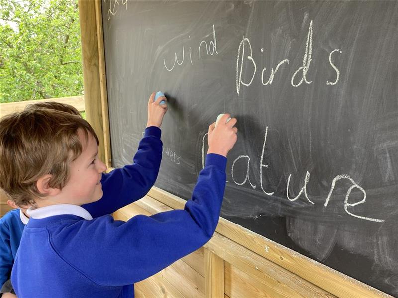 a little boy in blue school uniform writes on a giant chalkboard with chalk, they are writing about wildlife whilst standing inside a gazebo classroom