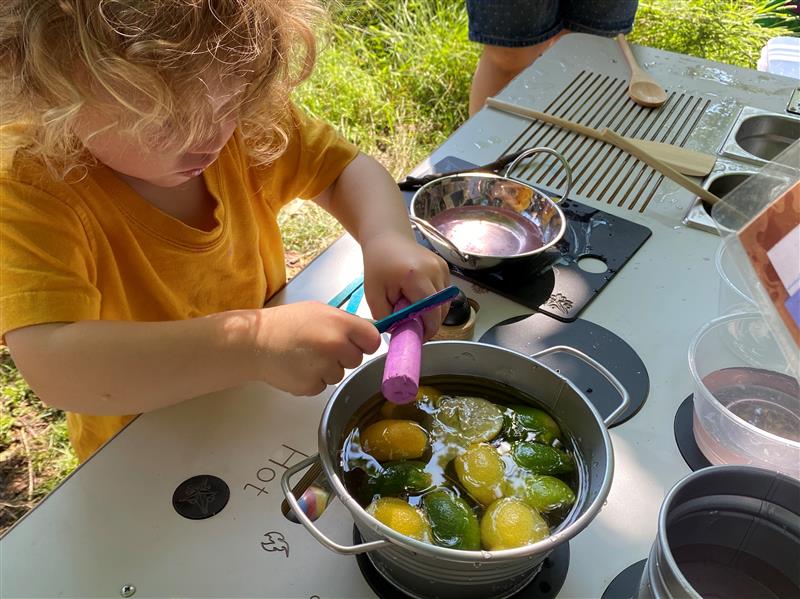 a child stands and plays with lemons and limes in water in a silver pan on the timber mud kitchen