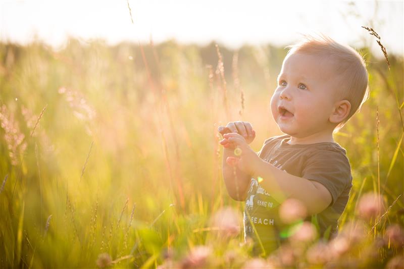 a child sits in a field of grass and wheat and looks up at the sky
