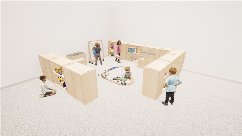 a render of the breakout spaces with low level storage units