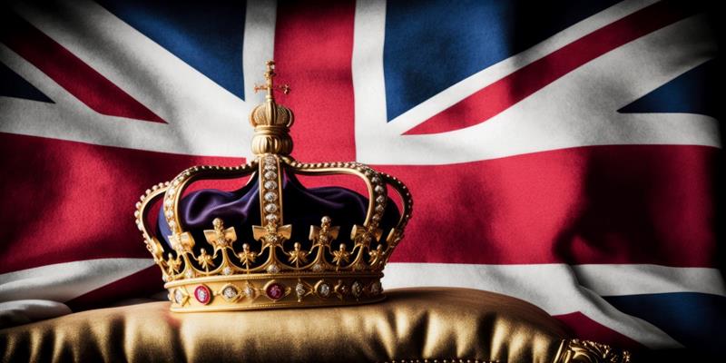 a shot of the kings crown against a union jack
