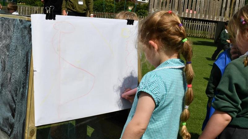 a child stands at the art easel and draws on it