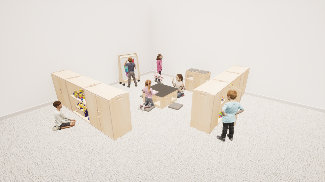 A CGI image of a group of children interacting with the various Pentagon Play pieces of furniture.