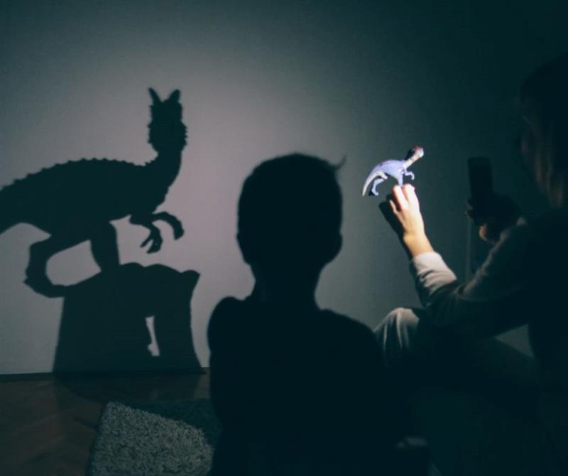 an adult makes a dinosaur shadow on the wall