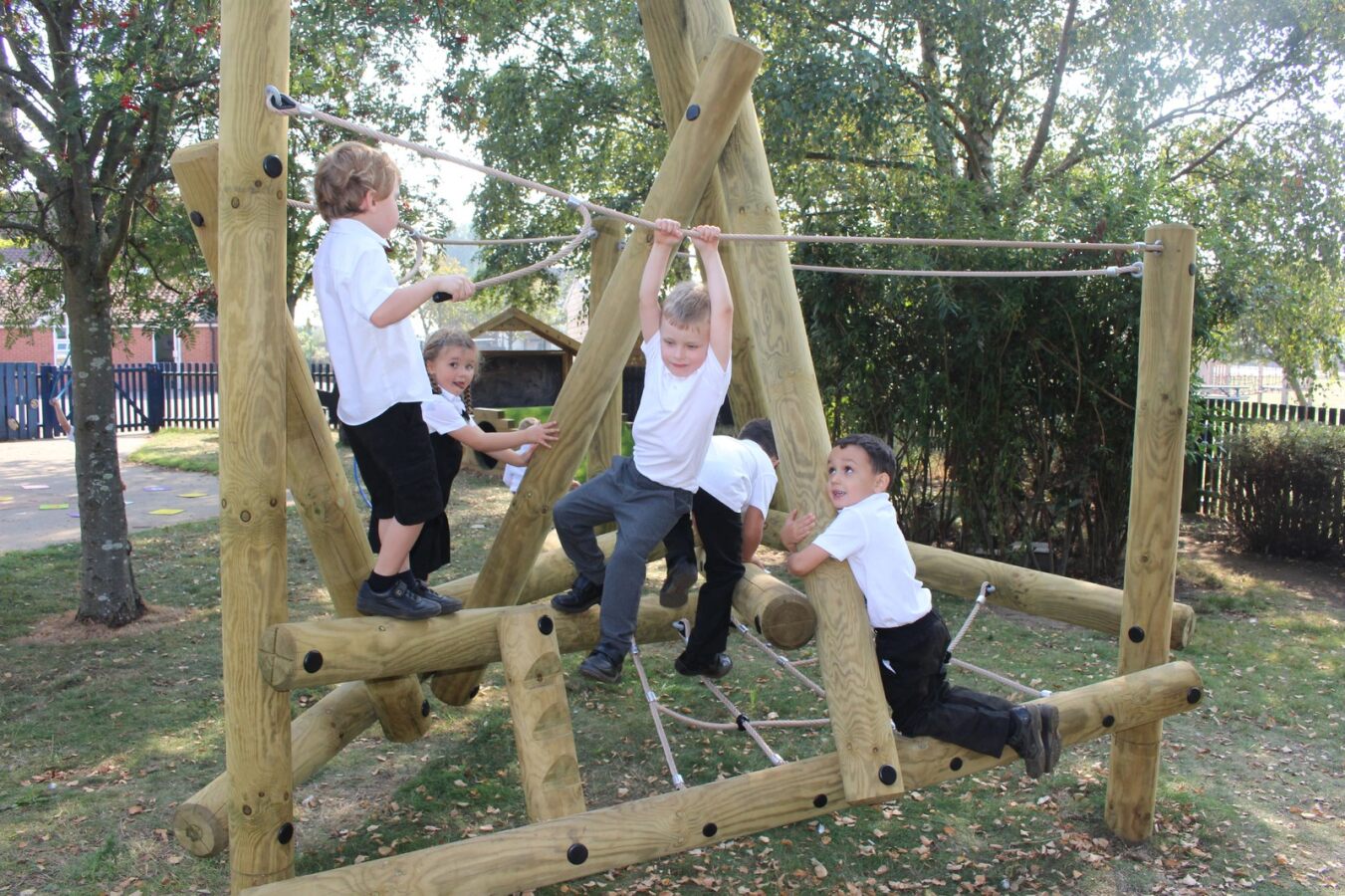 A group of 5 children playing with the Harter Fell Climber product from Pentagon Play