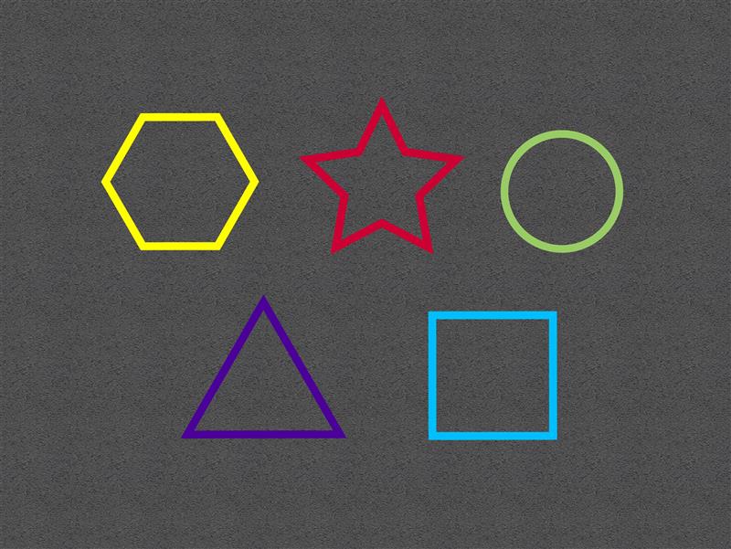 A picture showing the 5 shapes that are included within the Pentagon Play’s Outline Shapes Playground Marking set. Those shapes are a yellow hexagon, a red star, a green circle, a purple triangle and a blue square.