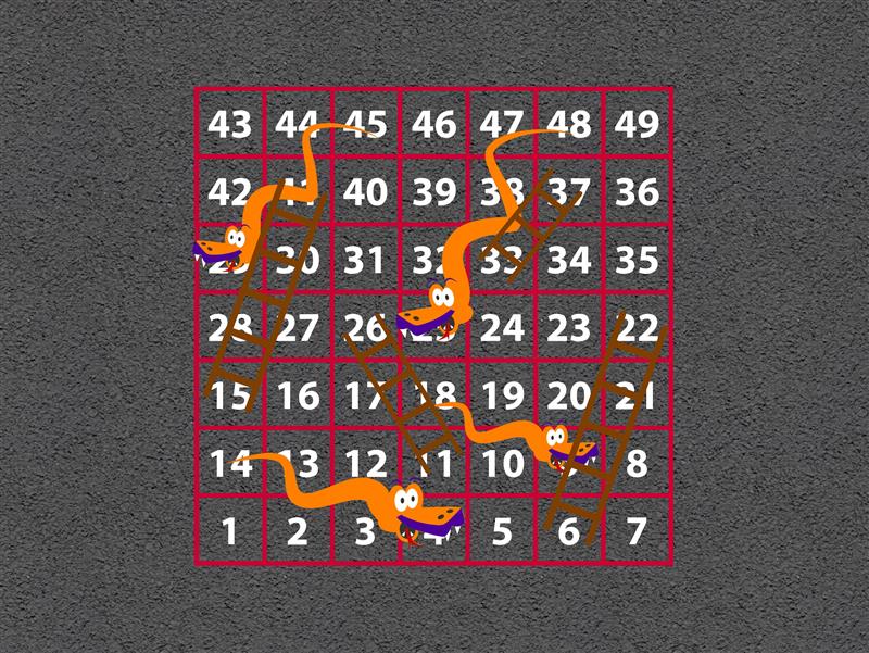 A picture showing the graphic of the "1-49 Snakes and Ladders" Graphic. This version is the outline, only showing red lines, orange and purple snakes, brown ladders and white numbers.