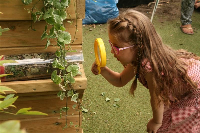 A little girl is looking through a magnifying glass, which is pointed towards a plastic tube containing a variety of natural materials. She is looking for an insect.