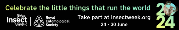 A banner that says "celebrate the little things that run the world, take part at insectweek.org". It also contains the logo for the Royal Entomological Society and Insect Week.