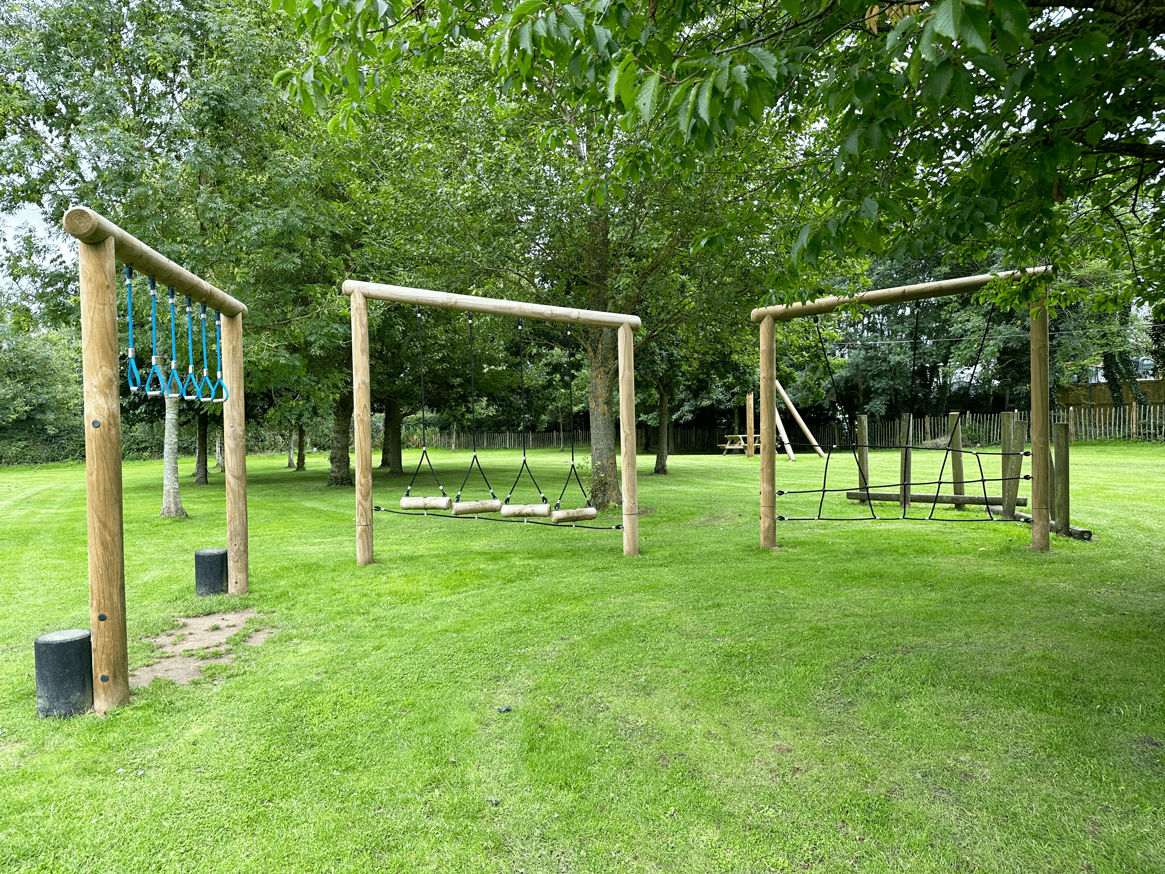 A range of wooden play equipment, including rope monkey bards, a log swing step, a net crossing and a zip wire in the background. The surface is natural grass, with trees everywhere