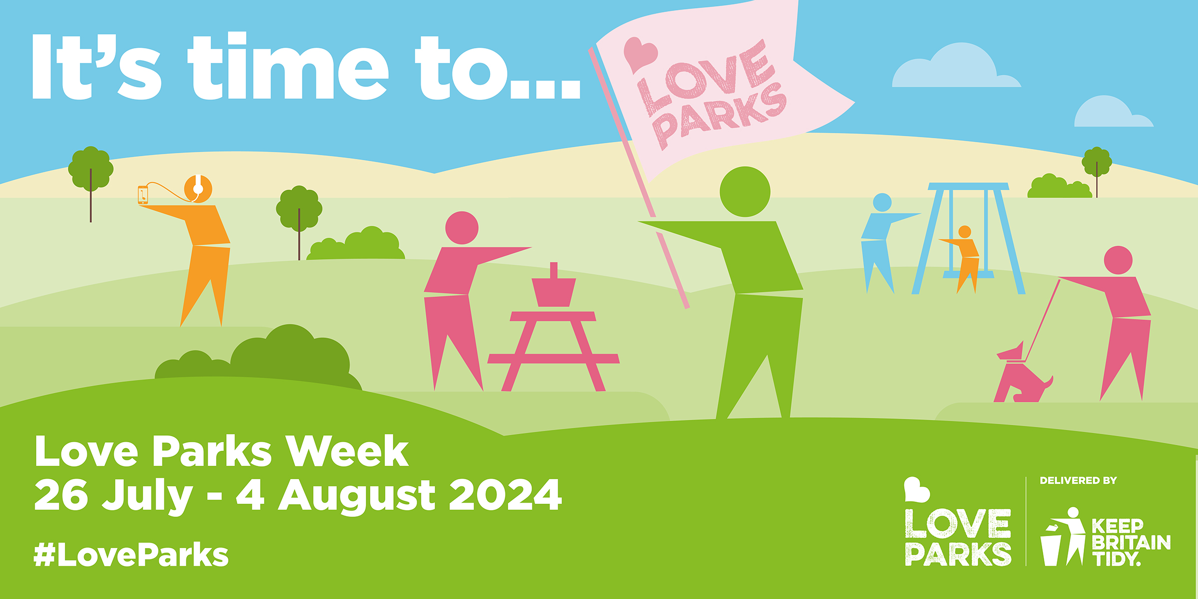 An image showing stick men at a park and taking part in a variety of different activities. The image also says "it's time to...love parks. Love Parks week. 26 July - 4 August 2024