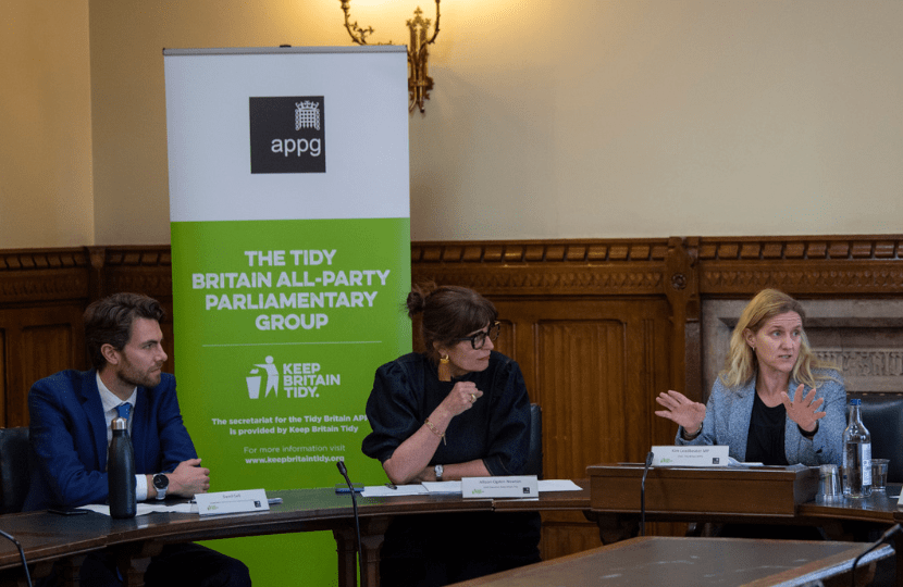 A photo of three people sat in a government building, talking about the mission of Keep Britain Tidy. Behind them is a poster that says "The Tidy Britain All-Party Parliamentary Group".