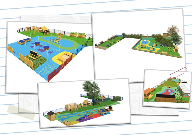 A picture showing 4 different visualisations for different playgrounds. Each design shows a different layout with new surfacing designs, unique equipment and different environments.