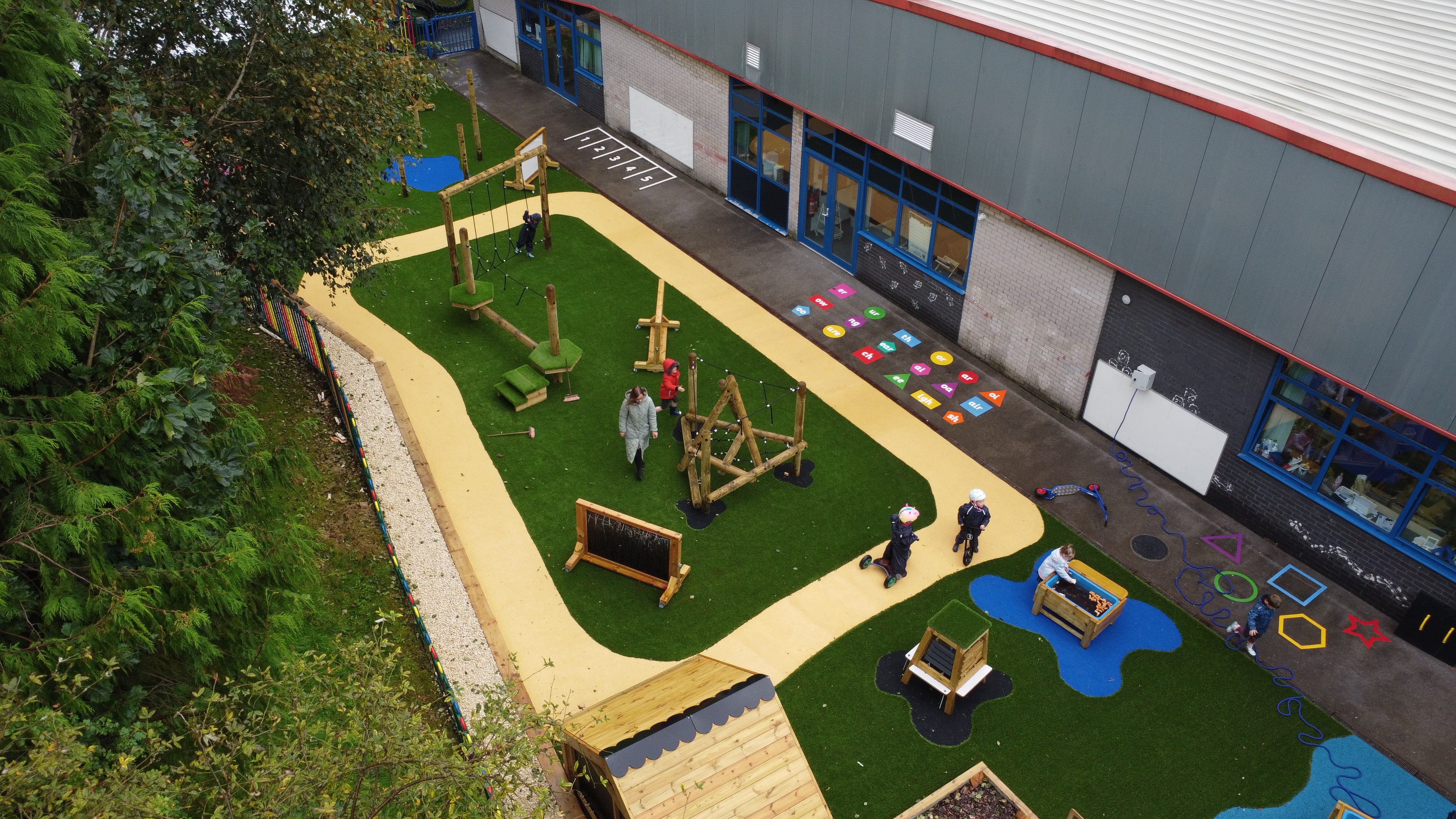 A birdseye photo showing the wetpour road that has been created and installed on the artificial grass play area. The wetpour is a beige colour and has children riding tricycles on it.