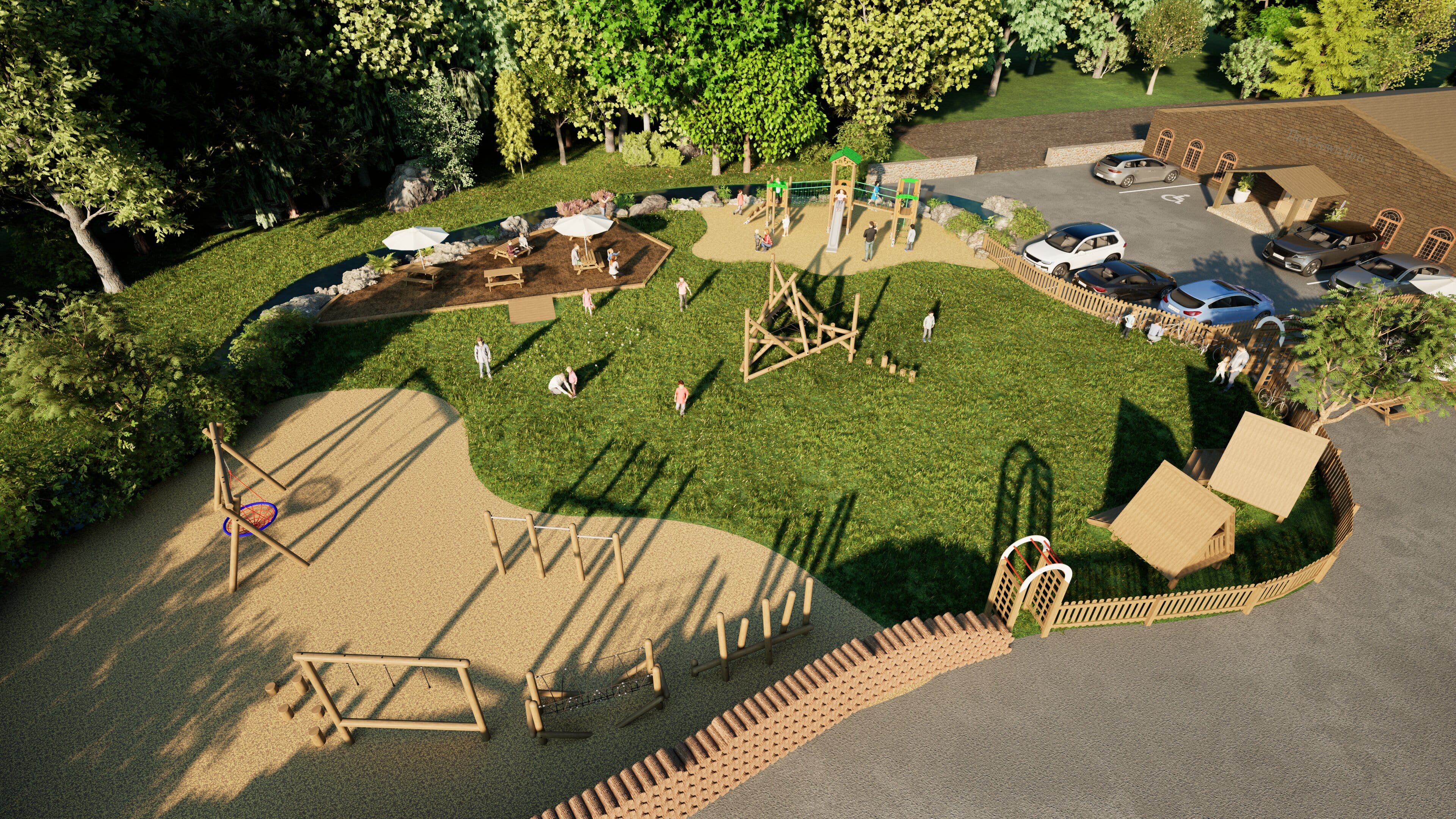 A long shot showcasing the size of the Osprey Play Tower on a playground. It has wetpour safety surfacing installed underneath it, with a variety of other play equipment installed around the area.