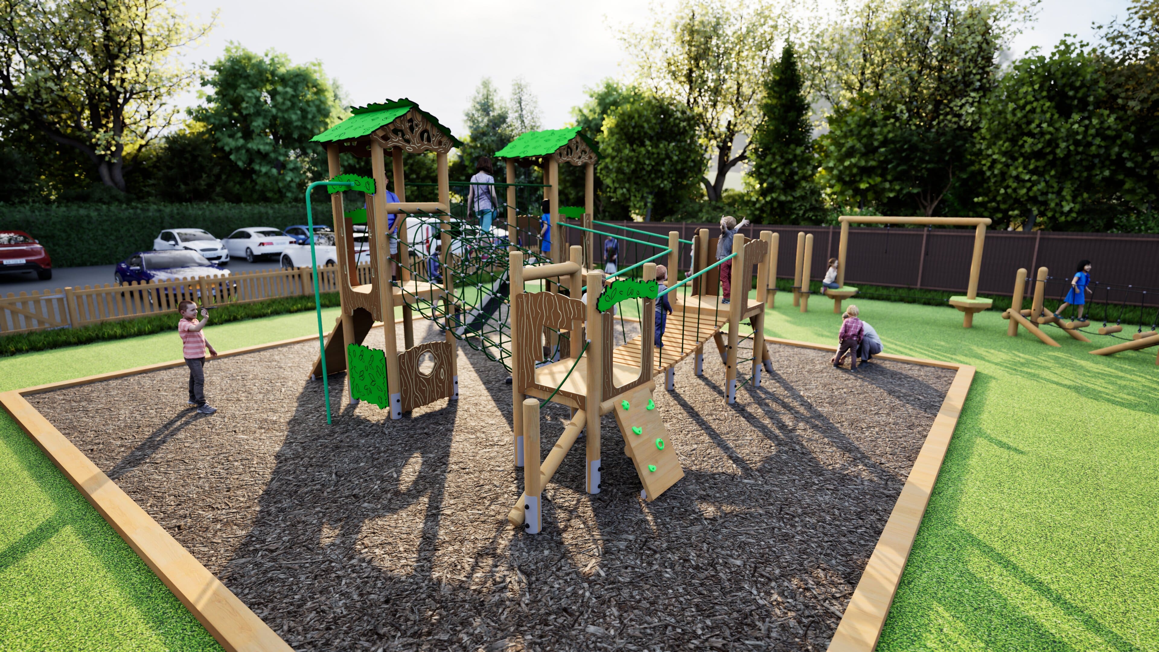 An Eagle Play Tower that has been installed on a black wetpour surface. The Tower has a lot of children playing on it and engaging with all the different activities present on the structure. Some parents are stood beside the tower and are watching their children explore the new play equipment.