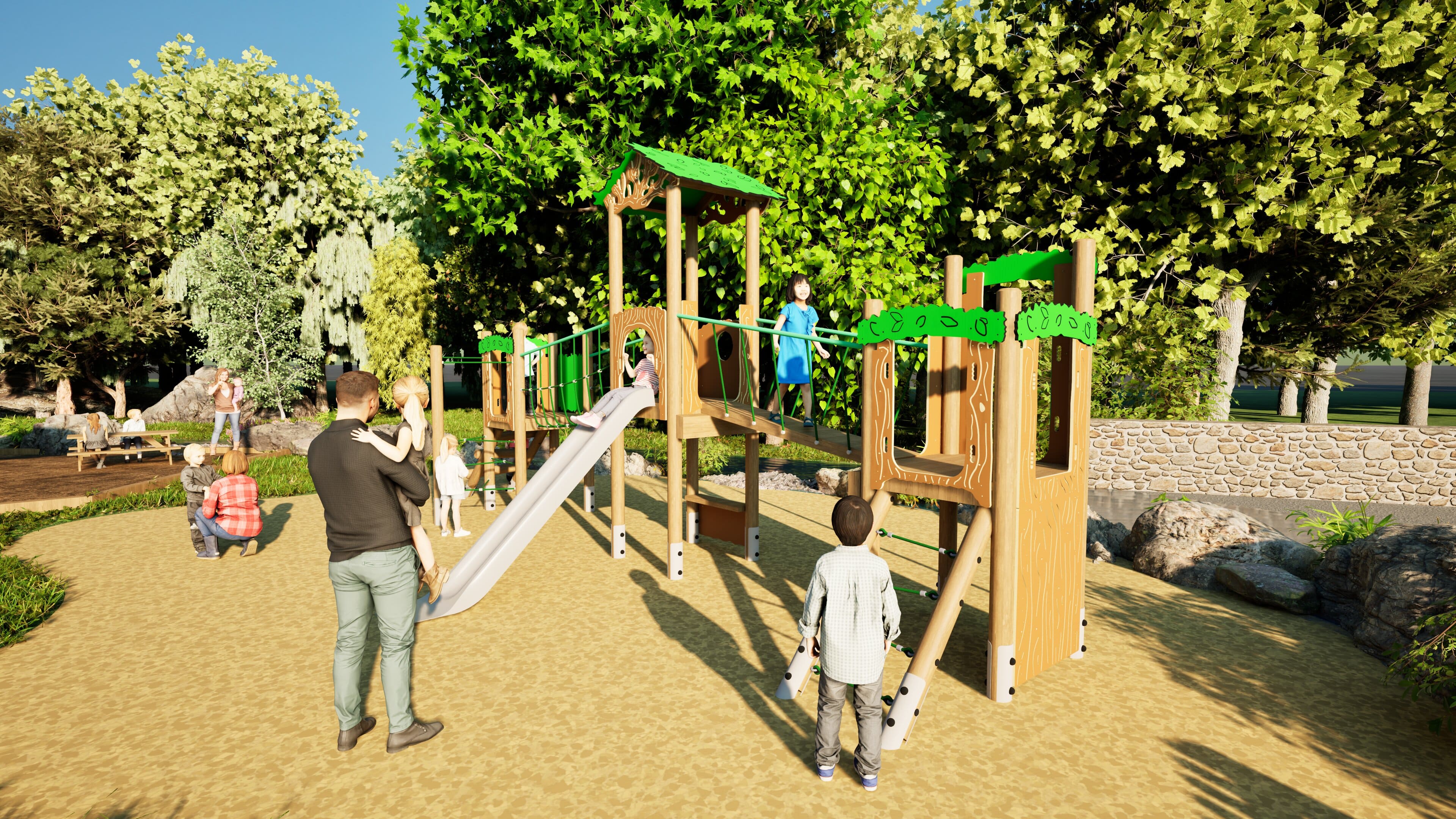 The Osprey Play Tower has been installed on wetpour and shows a group of children all playing with different elements of the playground. A parent is holding their child as they both admire the immense structure of this play tower.