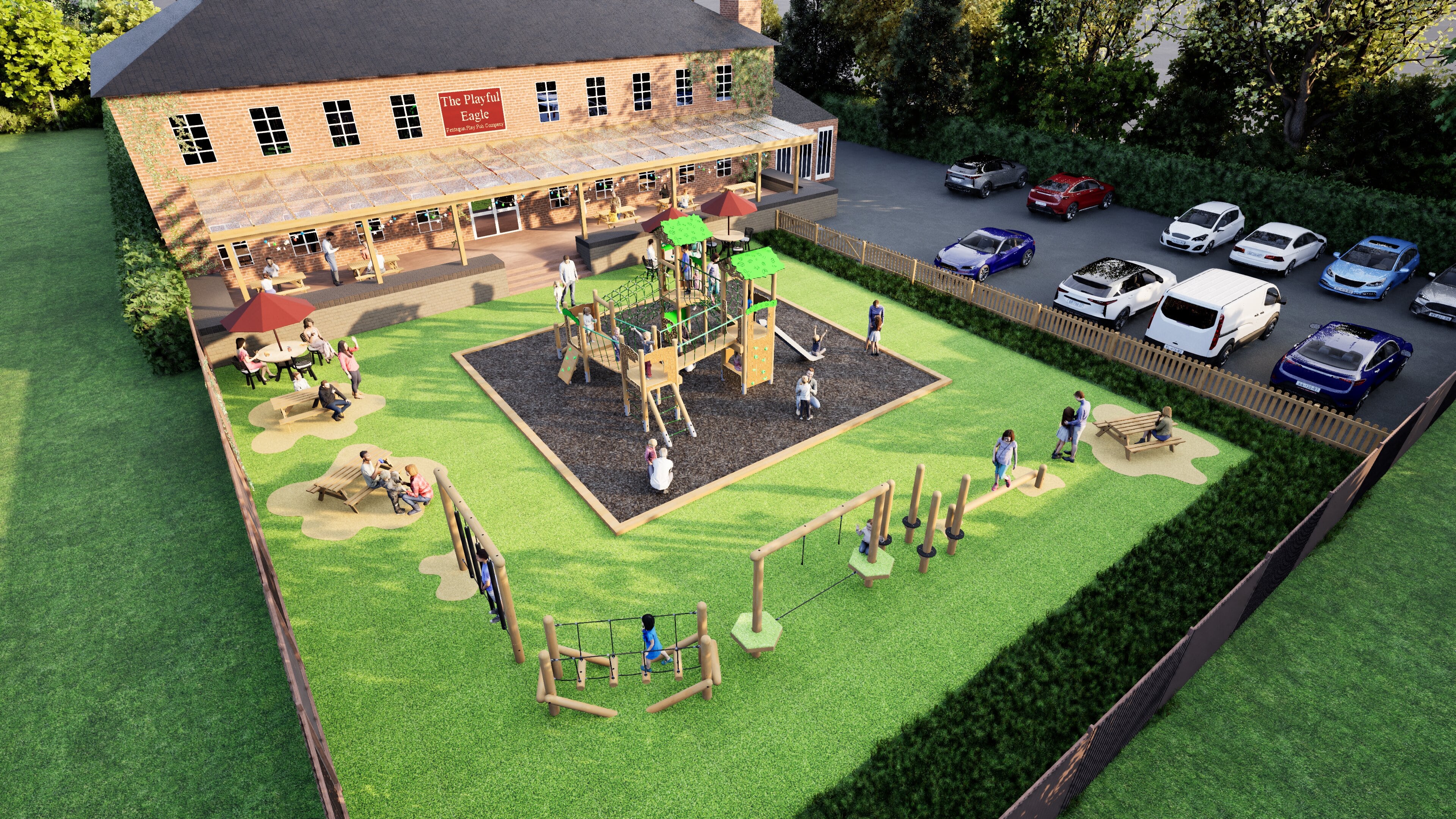 An Eagle Play Tower that has been installed at a restaurant. The Play Tower has been installed on black wetpour, which is then surrounded by green wetpour and other pieces of play equipment. A large group of children and adults are exploring the play area.