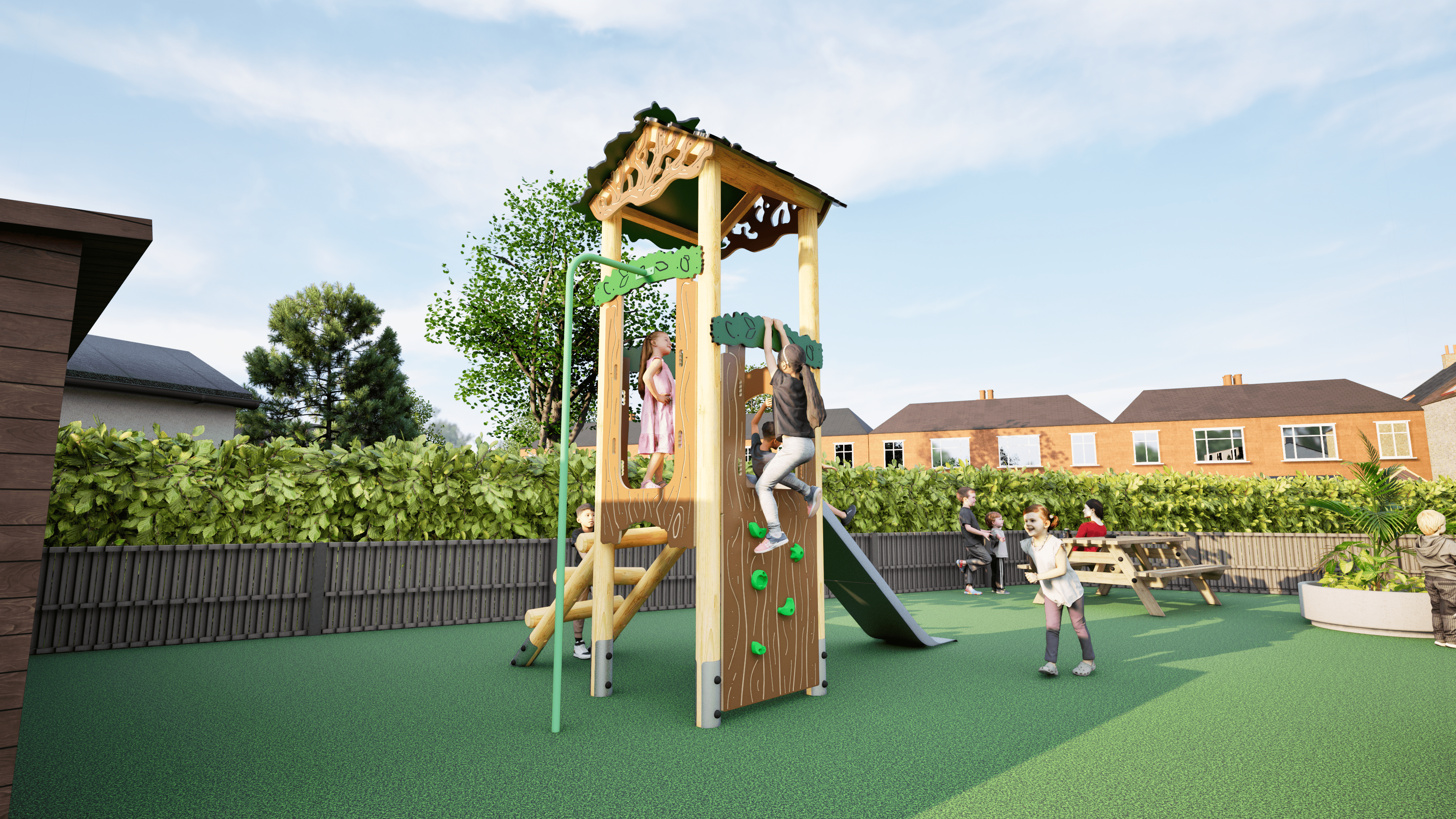 Two children are playing with the Kestrel Play Tower, a single wooden tower with a climbing wall, firemans pole and stairs all connected to a raised platform. A slide is attached to the platform.