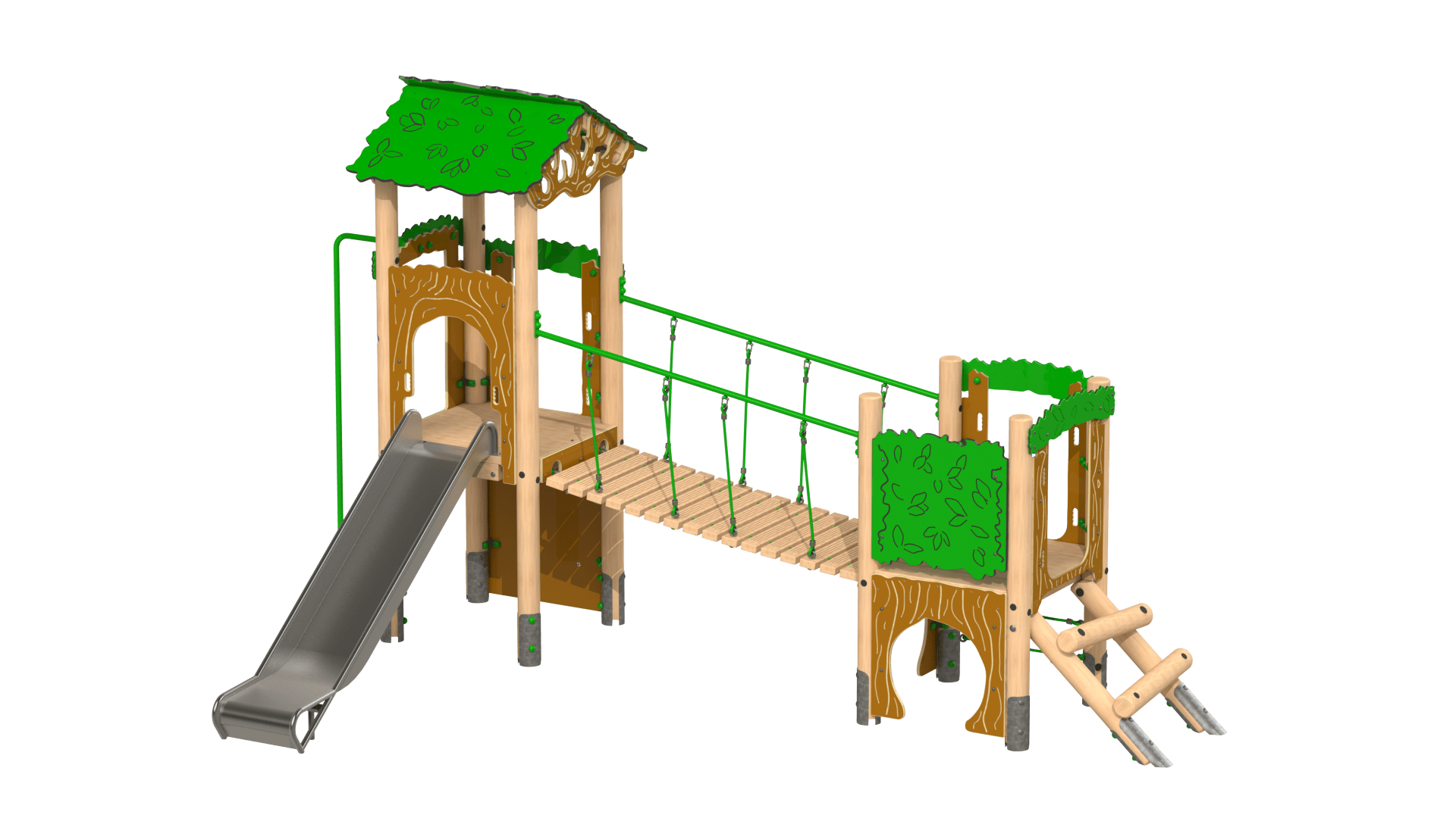 A picture of the Falcon Play Tower, showcasing two wooden towers with a bridge attached between them. A variety of different activities have been installed on the structure.