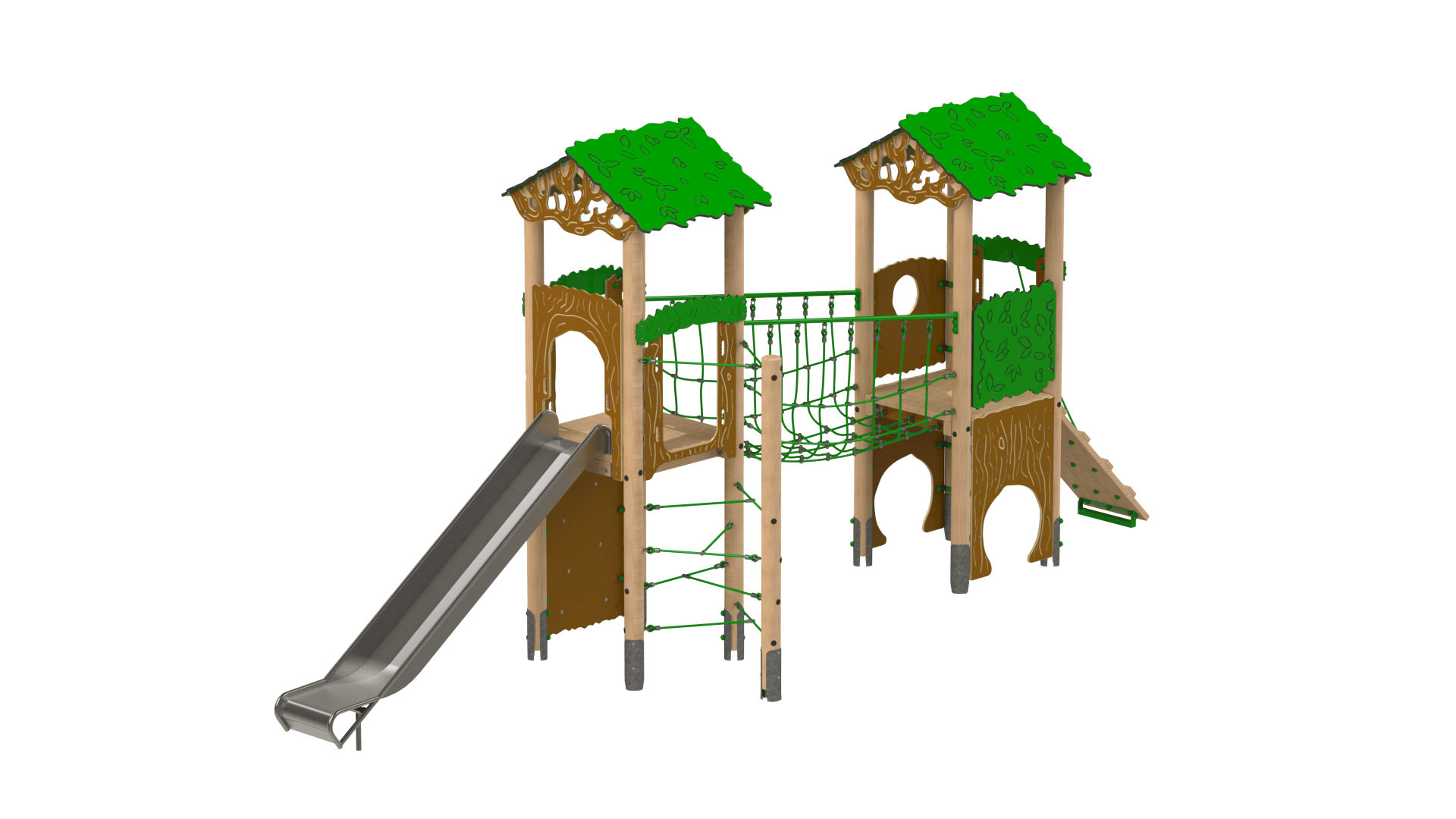 An image of the Buzzard Play Tower. Showcasing two wooden towers connected by a rope bridge, the tower has a variety of different activities attached to the main structure.