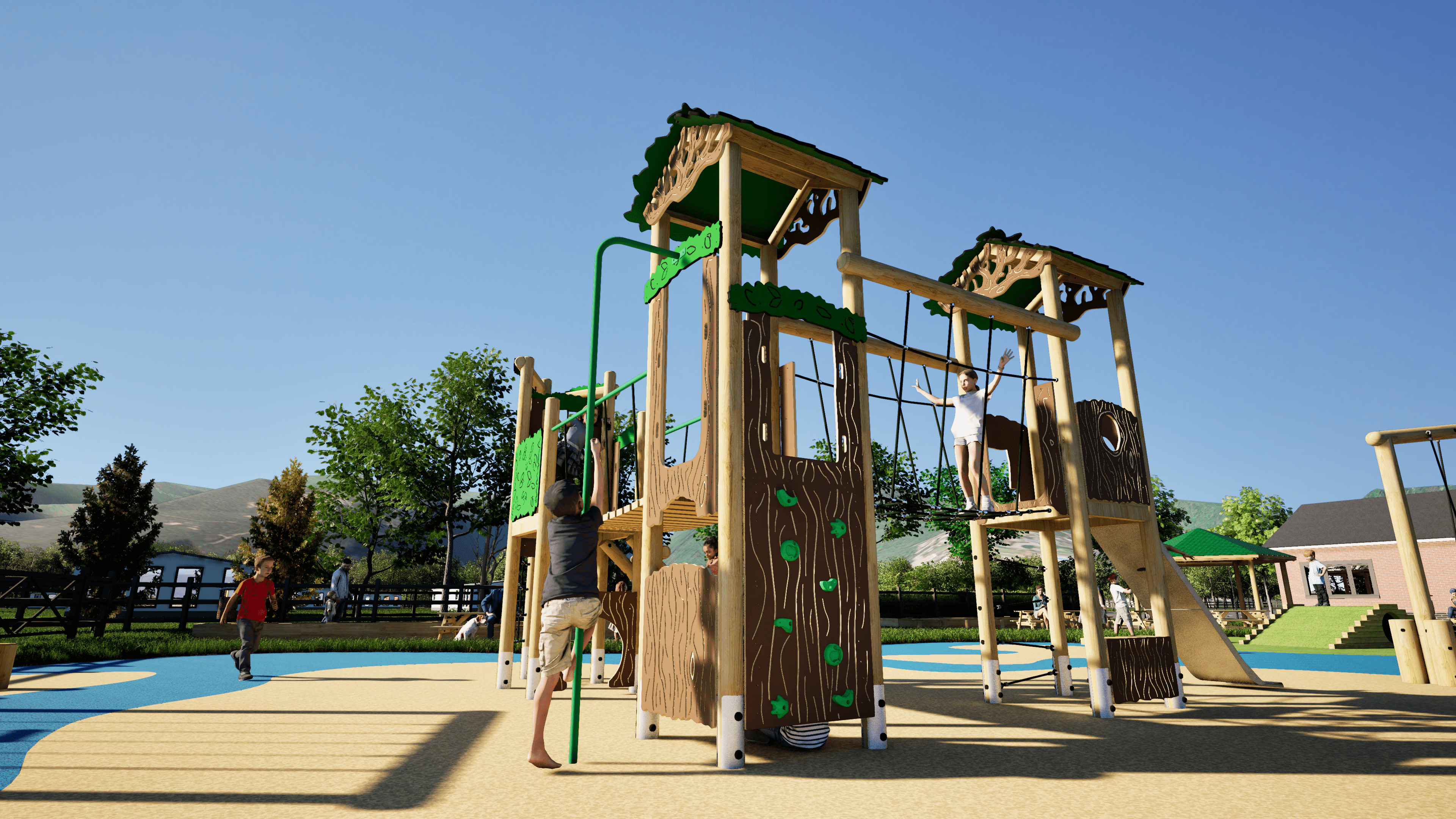 The Hawk Play tower has been installed on a wetpour surface. Children are playing on the structure and engaging in a variety of different activities.