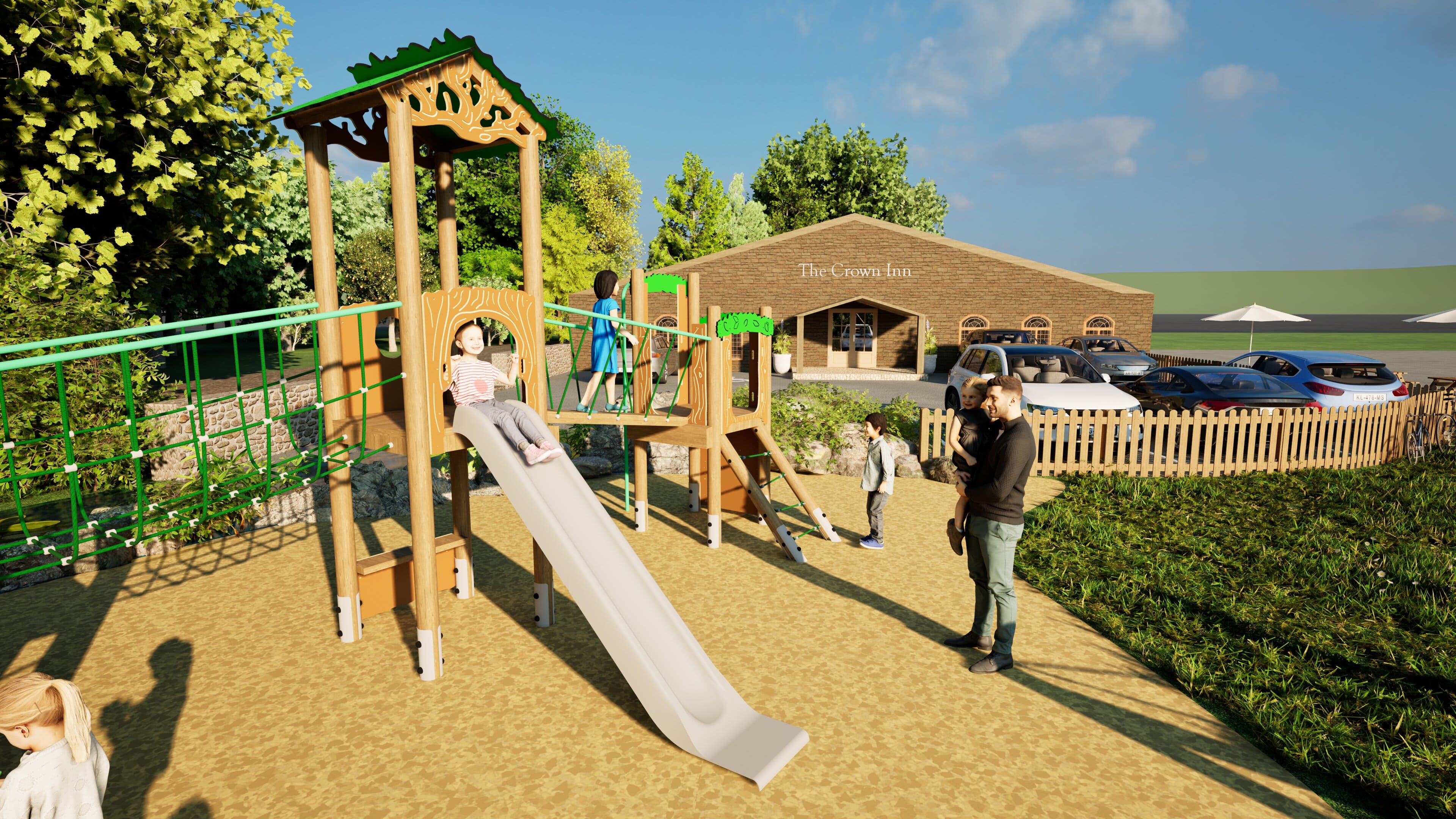 A photo showcasing the Osprey Commercial Play Tower, with a man stood next to it holding a child. A group of children can be seen on the structure, playing with all the different features.