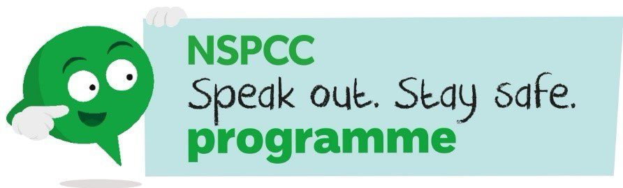 A banner with a green speech bubble with eyes pointing at a blue rectangle which says: NSPCC. Speak out. Stay Safe. programme.