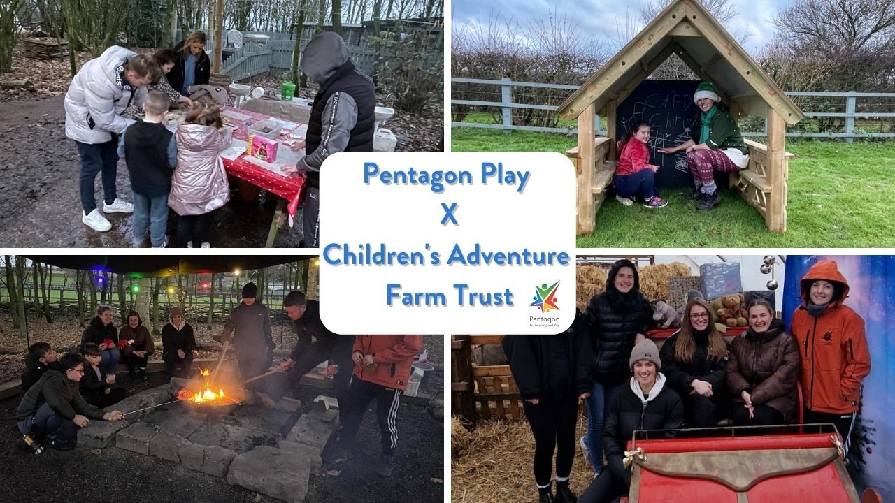 A collage image showing four action shots from our time at the Children's Adventure Farm. The first image is our staff talking with children at a table. The second image is a member of staff and a child sitting inside of a playhouse. The third image is our staff roasting marshmallows with a small group of kids. The final image is our staff taking a group photo in a sleigh.